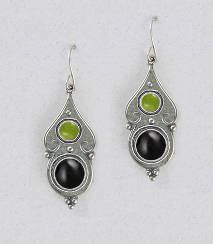 Sterling Silver Black Onyx And Peridot Gemstone Drop Dangle Earrings